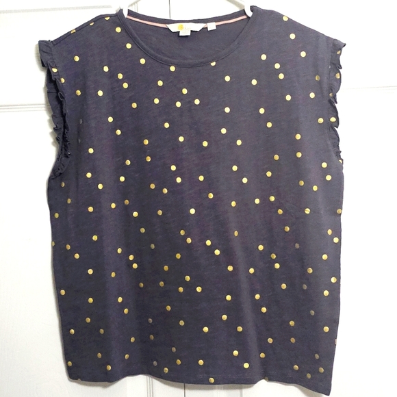 Boden Blue Gold Polka Dot Tshirt 6 Ruffle Sleeve Casual Transitional Summ - Picture 1 of 7